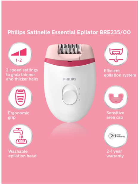 Philips Satinelle Epilator BRE245/00 Corded Compact with 2 Speed Setting-White