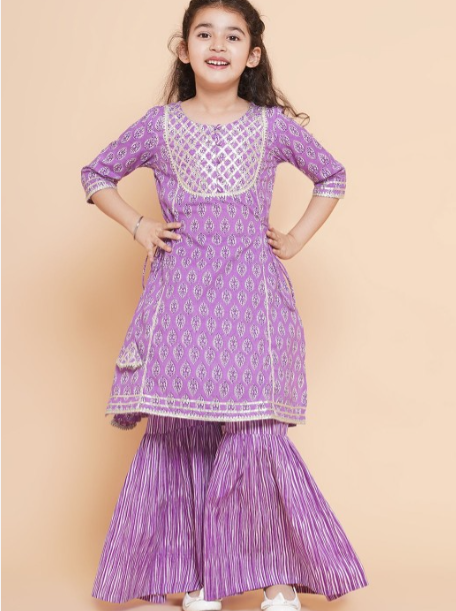 House Of Pataudi Girls Printed Shoulder Straps Gotta Patti Anarkali Kurti with Palazzos