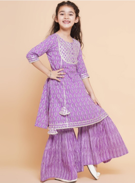 House Of Pataudi Girls Printed Shoulder Straps Gotta Patti Anarkali Kurti with Palazzos