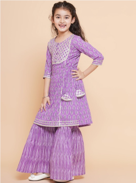 House Of Pataudi Girls Printed Shoulder Straps Gotta Patti Anarkali Kurti with Palazzos