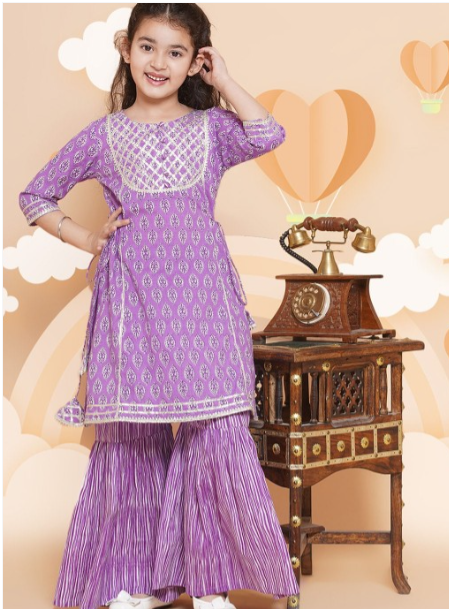 House Of Pataudi Girls Printed Shoulder Straps Gotta Patti Anarkali Kurti with Palazzos