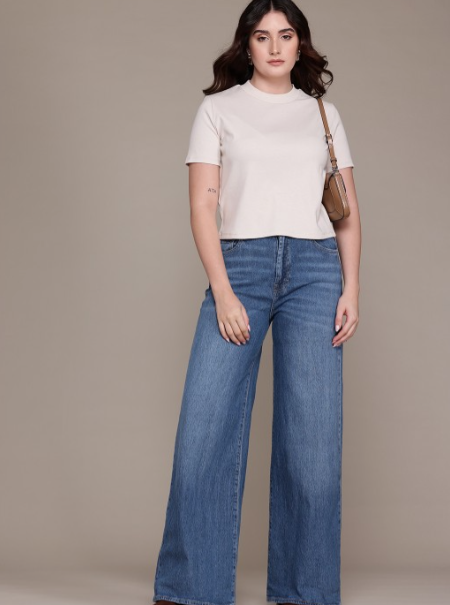 NEW MANGO Women Mid-Rise Light Fade Stretchable Wide Leg Jeans
